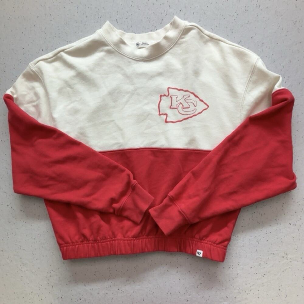 '47 Brand KC Chiefs Take Two Cropped Crew Sweatshirt Womens S Red White NFL $75